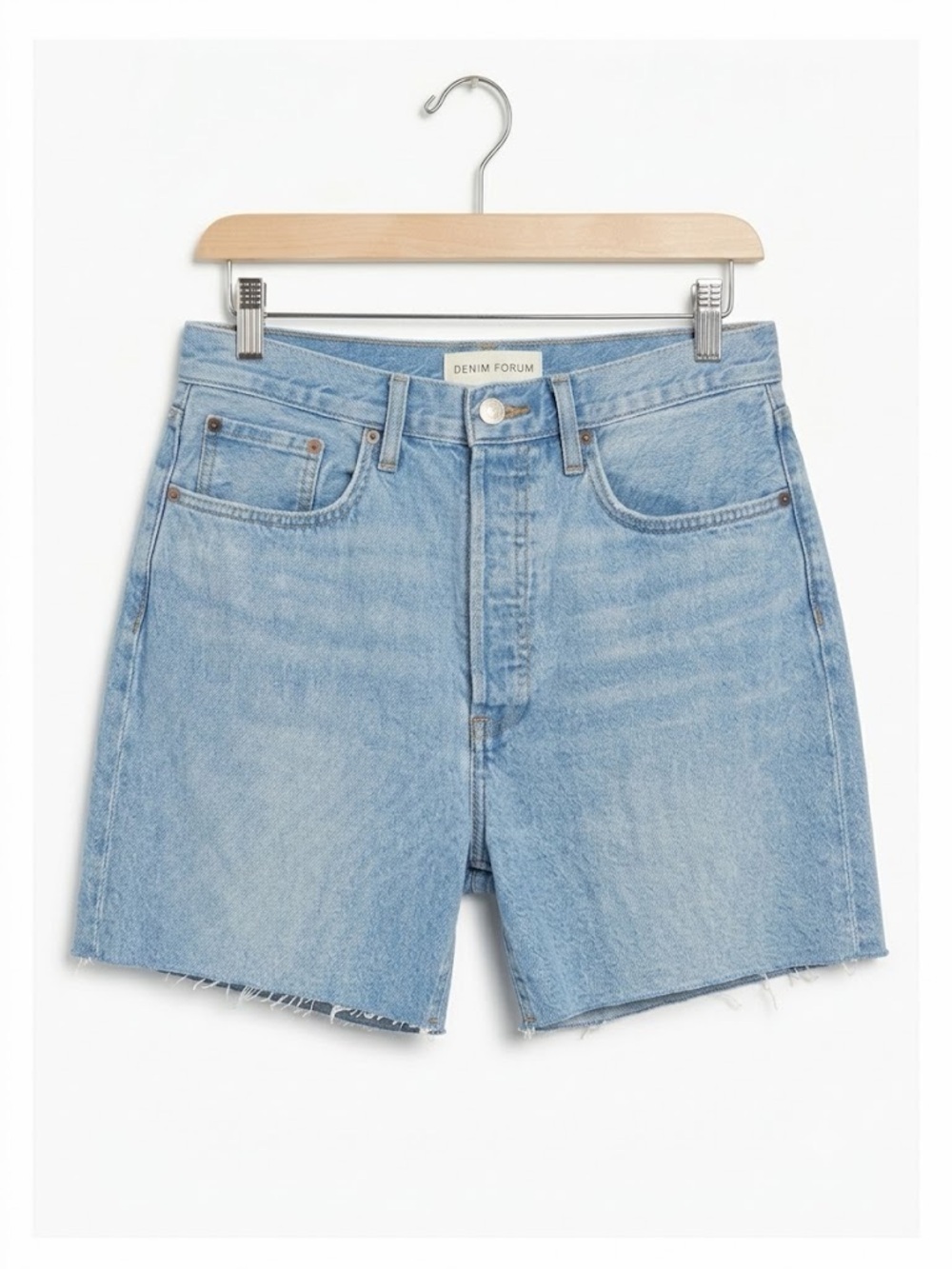 Aritzia Denim Forum The Yoko Mid Thigh Denim Shorts Jorts Raw Hem Size 32 Light